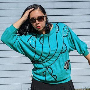Vintage 80s Bedazzled Dolman Sleeve Sweater Sz L